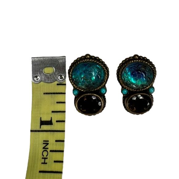 Stephen Dweck Clip On Earring Vintage Carved Smoky Quartz Turquoise Blue Crystal - Picture 11 of 11